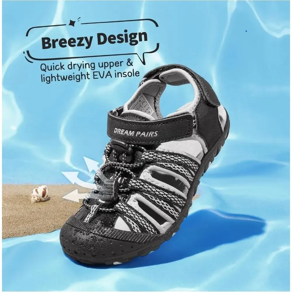 DREAM PAIRS Kids Outdoor Sport Sandals, Closed Toe Adjustable, Black/White, 13